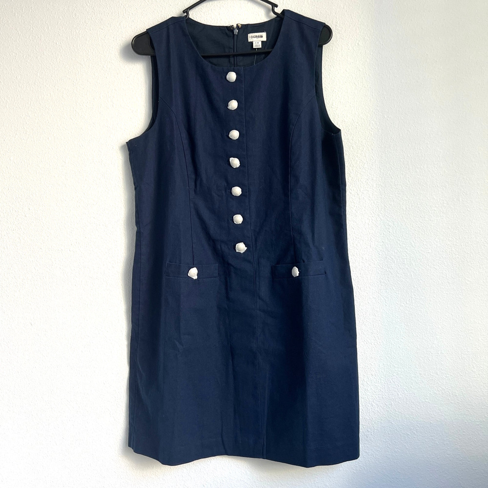 J Crew Factory Linen Blend Button Front Mini Dress Size 14 Navy Sleeveless